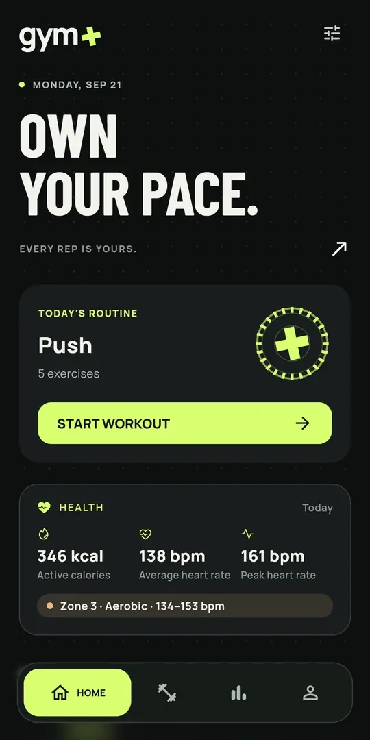 شاشة Gym+: الرئيسية