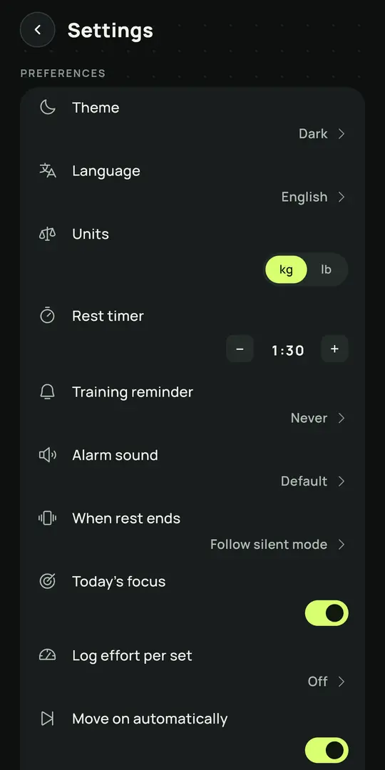 شاشة Gym+: الإعدادات