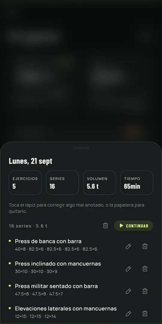 Pantalla de Gym+: Historial