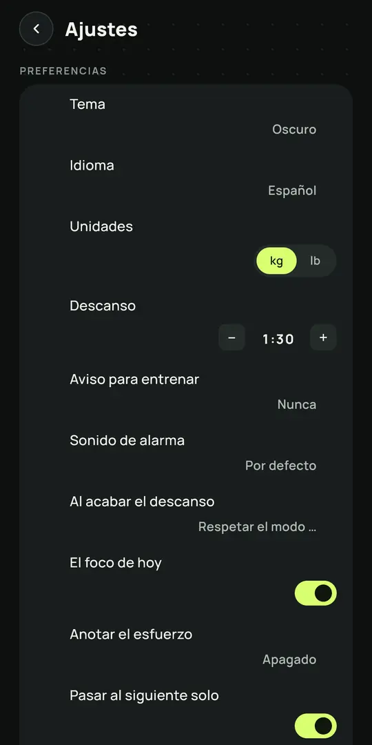 Pantalla de Gym+: Ajustes