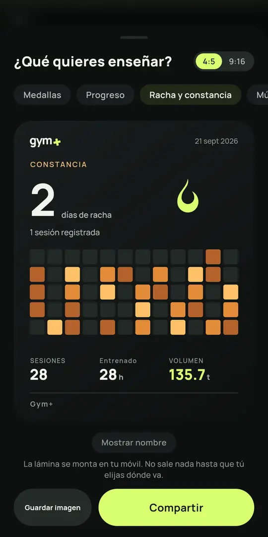 Pantalla de Gym+: Tarjeta para compartir