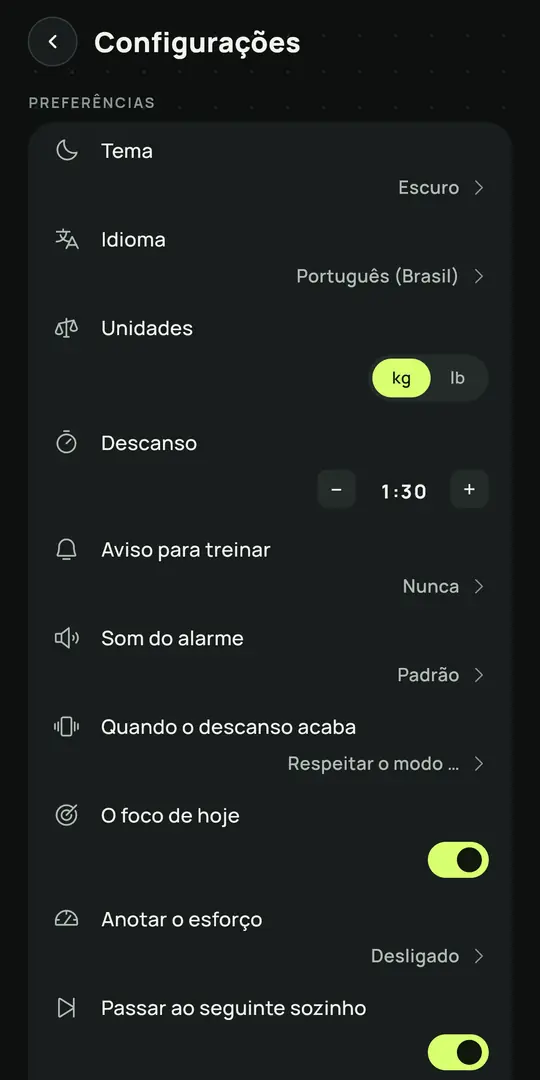 Tela do Gym+: Configurações