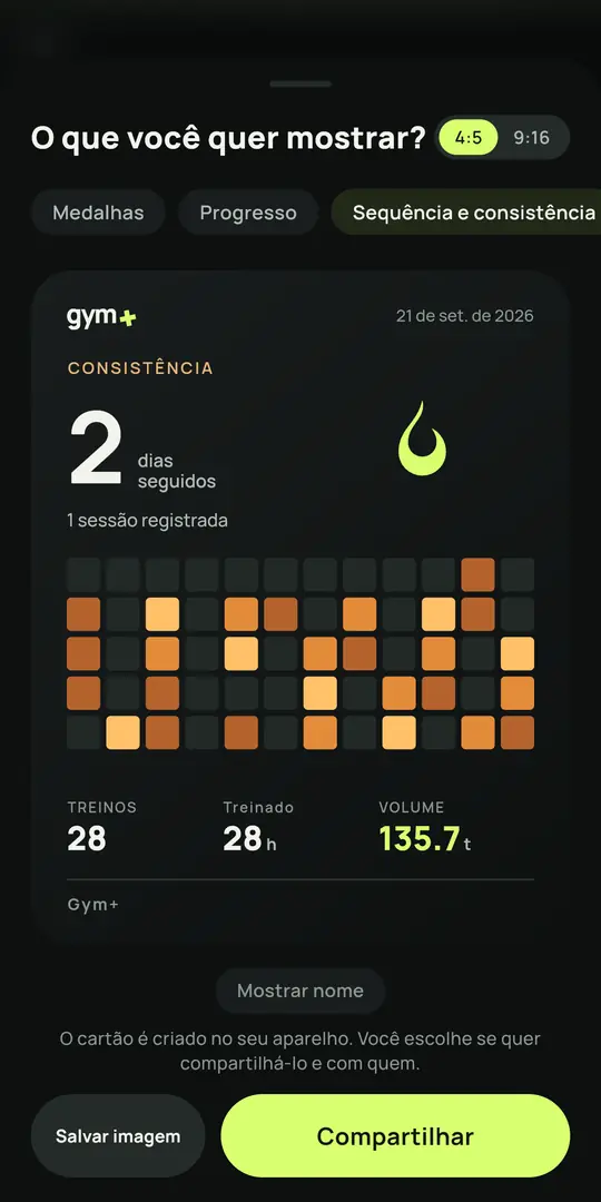 Tela do Gym+: Cartão para compartilhar